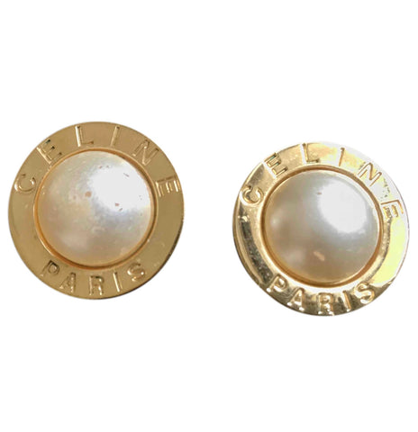 Vintage Celine golden round frame faux pearl earrings. Classic jewelry piece back in the era.