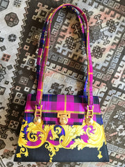 MINT. Vintage Gianni Versace pink tartan check and arabesque design shoulder bag, Kelly bag with golden sunburst motifs.