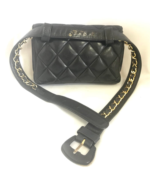 Winn. 1980s. Vintage CHANEL black lamb leather belt bag, waist bag