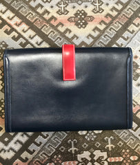 F2 Vintage HERMES navy and red jige PM boxcalf leather document case, portfolio purse, iPad case. Classic bag but rare color.
