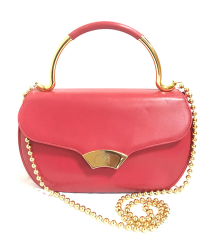 Vintage Karl Lagerfeld red leather handbag with golden fan shape logo motif and ball chain strap. Rare and beautiful purse.