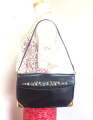 Vintage Christian Dior black calfskin leather large clutch shoulder purse with navy trotter jacquard and golden frames.Comes with coin case.
