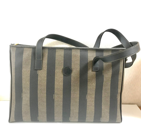 Vintage FENDI classic pecan stripe pattern large shopper tote bag with black leather handles. Daily use bag for Unisex.