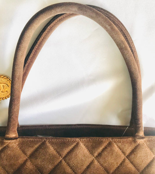 Vintage CHANEL brown suede classic tote bag with large CC mark and