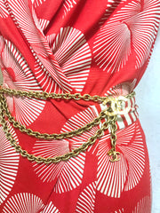 Vintage CHANEL gold chain belt with triple layer chains and two large CC mark charms at sides. Gorgeous belt. 72cm. R04101111る