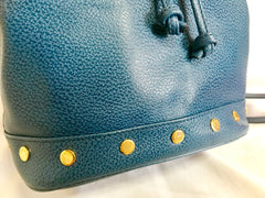 Vintage LANVIN blue grained leather hobo bucket shoulder bag with golden logo motifs.