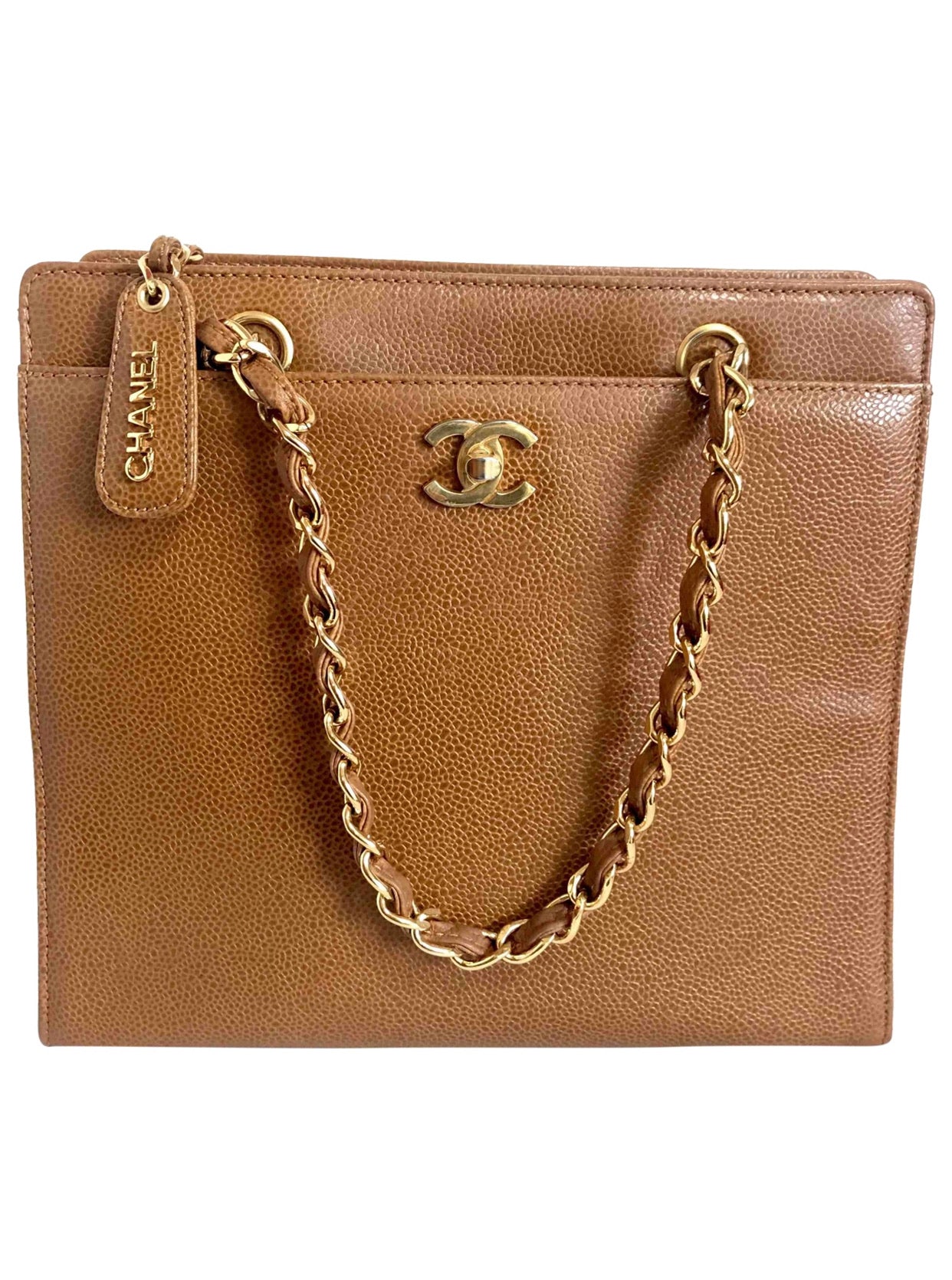 Vintage CHANEL camel brown caviar leather square shoulder bag with