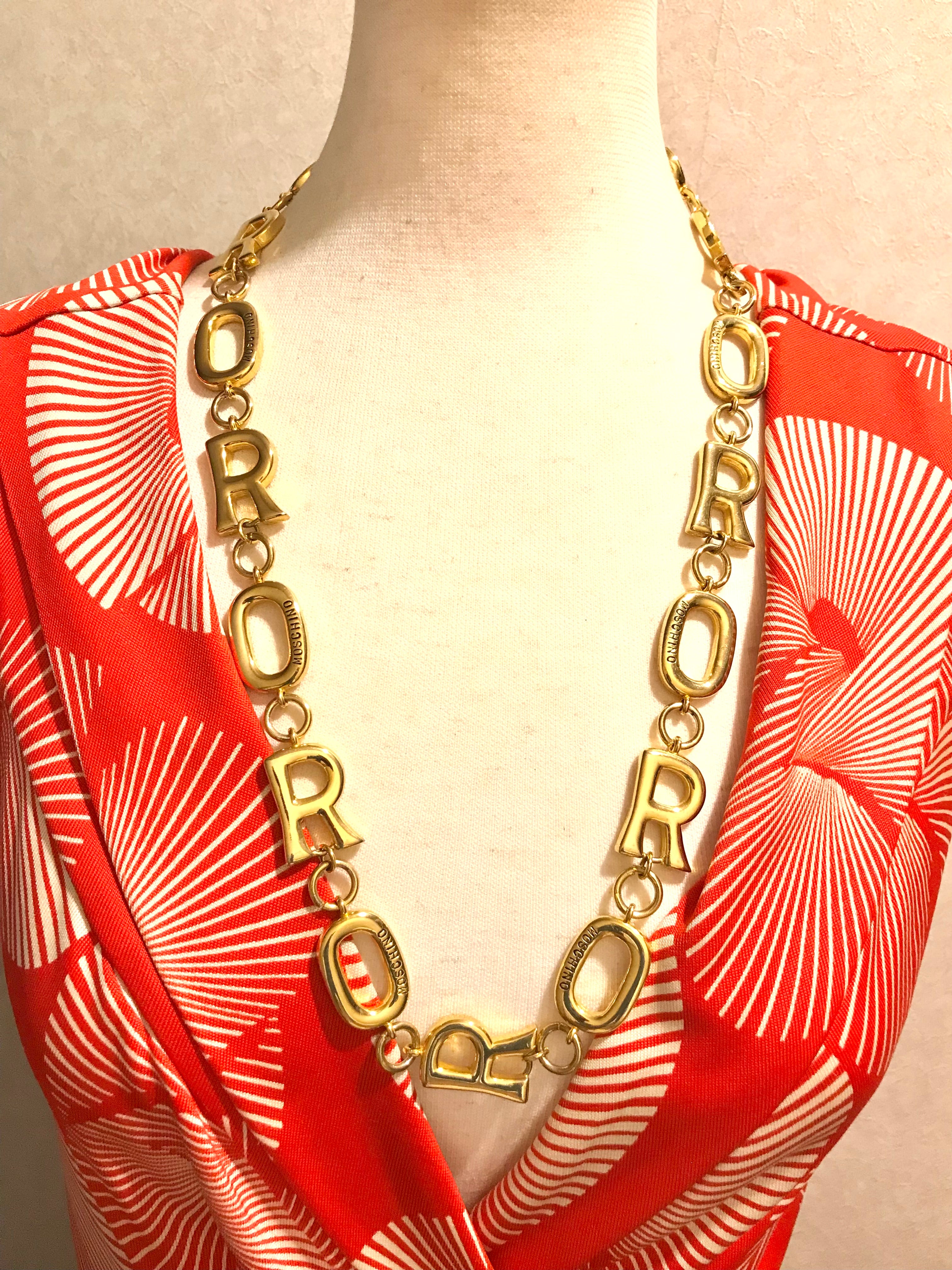 Vintage Moschino chain statement necklace with golden O and R letter charms with logos.