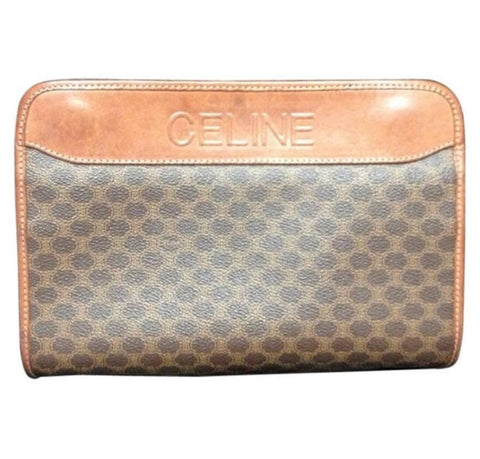 Vintage CELINE brown macadam blason pattern cosmetic, toiletry purse with leather trimmings. Can be used as a clutch bag. Unisex use.