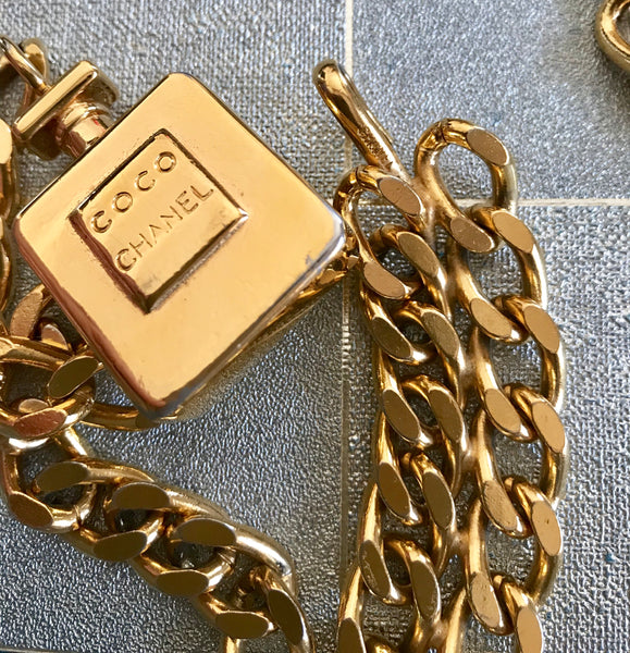 Vintage CHANEL golden double chain belt with logo perfume bottle charm –  eNdApPi ***where you can find your favorite designer  vintages..authentic, affordable, and lovable.