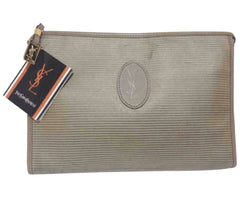 Vintage Yves Saint Laurent khaki beige clutch pouch, makeup case classic bag with leather trimmings.