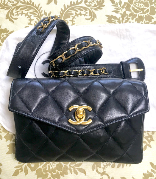 CHANEL Lambskin Quilted Studded Waist Bag Fanny Pack Black 1301258