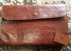 Vintage Mulberry brown croc embossed leather portfolio bag, document case purse, can be iPad purse. Classic unisex piece by Roger Saul. 050406r7