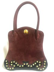 Vintage Christian Lacroix genuine wine brown suede leather sexy feminine shape bag with golden logo motif and studs.  Hot purse. 0602062