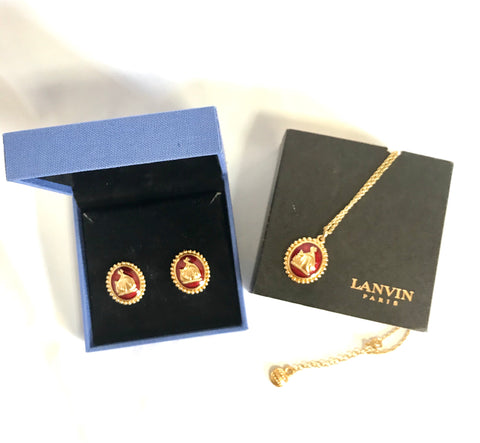MINT. Vintage LANVIN golden chain necklace with wine red resin oval logo pendant top and earrings set. Perfect vintage jewelry. Germany made