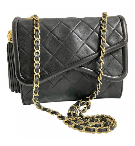 Vintage CHANEL Black Satin and Gray Wool Quilted Gold Chain