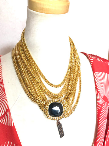 NWT. New. Vintage Celine gold chain long necklace with black glass stone pendant top. 5 layer chains gorgeous statement jewelry. 0403281re6