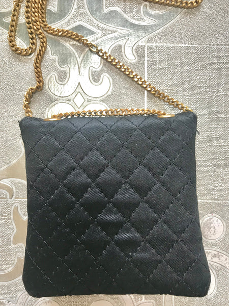 Vintage Chanel black quilted satin fabric mini pouch, coin purse, long  necklace with golden chain and CC motif. Great gift Chanel jewelry