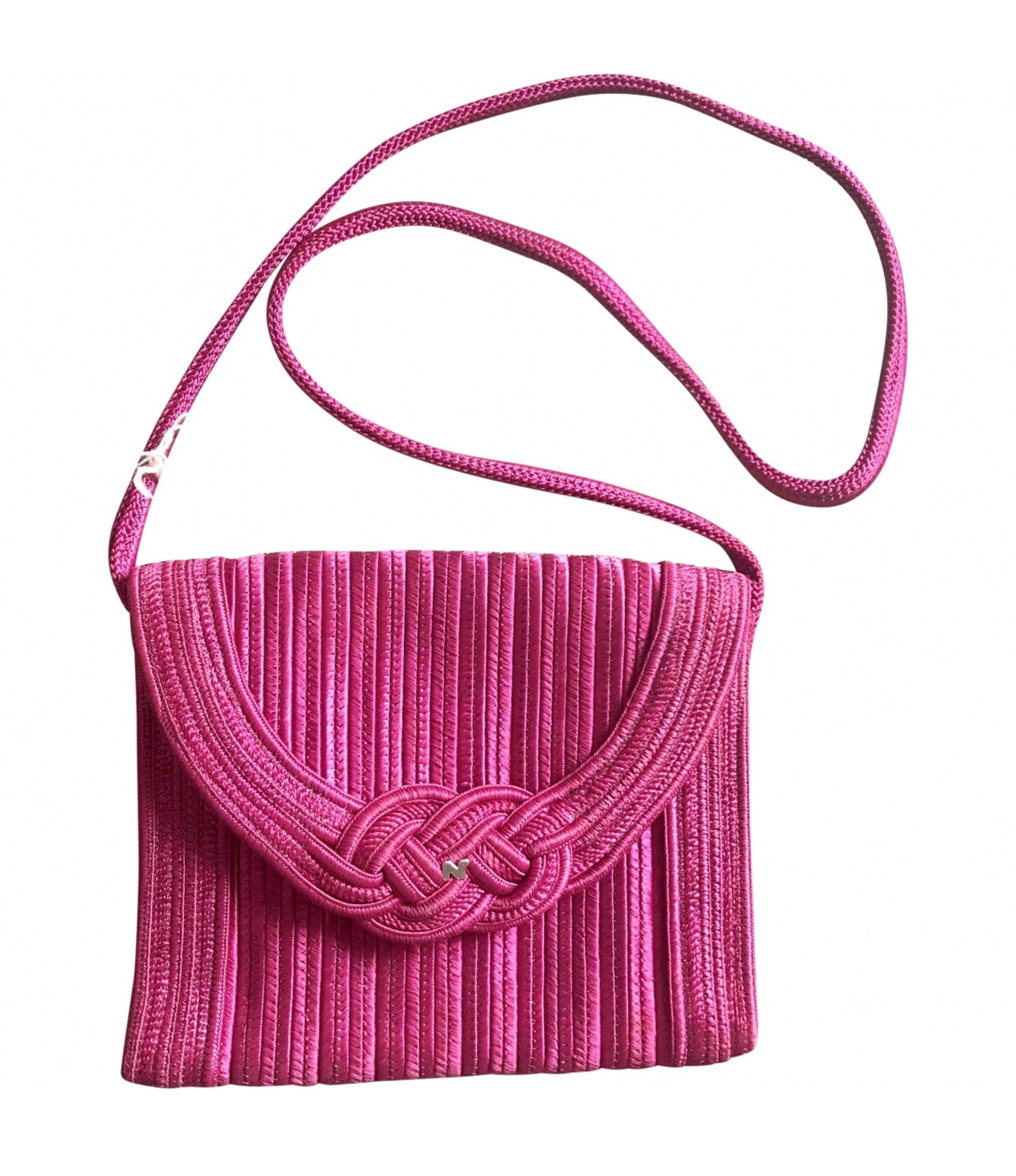Vintage Nina Ricci hot pink tape fabric shoulder bag/clutch purse with Japanese obi motif and golden logo. So chic.