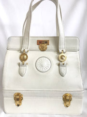 Vintage Gianni Versace ivory white caviar type leather birkin doctor's bag, handbag with jewelry case and golden sun burst motifs.
