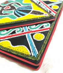 Vintage Renaud Pellegrino colorful and ethnic design beaded clutch bag, shoulder bag. One of a kind handmade masterpiece. Made in France.