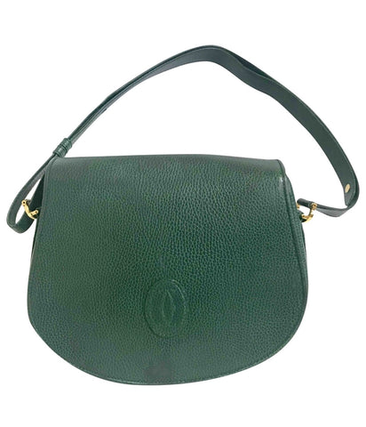 Vintage Cartier green grained leather oval round shape shoulder bag. Rare color bag from must de Cartier collection. Must have purse.