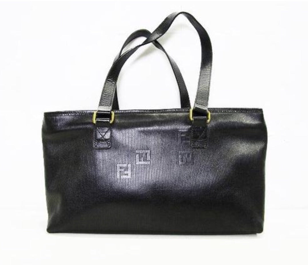 Vintage FENDI black stripe gained leather shopper tote bag with FF