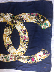 Vintage CHANEL large navy 100% silk scarf with gold, pink, ivory, purple, multicolor Gripoix, chain, jewelry print in CC mark. Gorgeous wrap
