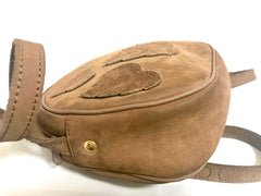 Vintage Longchamp brown suede leather oval round shape shoulder bag with leaf applique motifs. Rare and unique bag back in the okd era.
