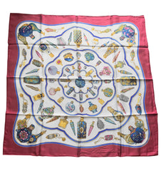 Vintage HERMES Carre large silk scarf with blue, yellow, green, pink, multicolor perfume bottle print in wine. Qu' importe le flacon.