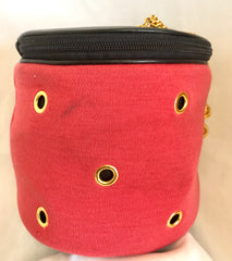 Vintage Moschino by Redwall lunchbox design red jersey and black leather handbag with golden eyelets and ball charms. Must-have chic purse