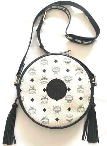 Vintage MCM navy and white monogram round shape Suzy Wong shoulder bag with leather trimmings. Unisex purse Designed by Michael Cromer.