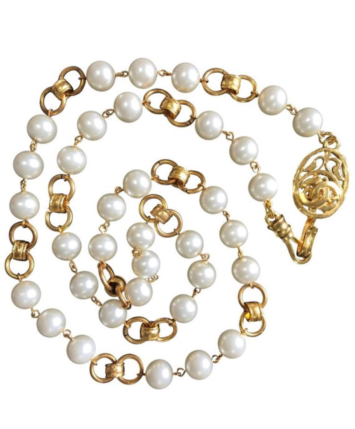 Vintage CHANEL golden chain and faux pearl long necklace with