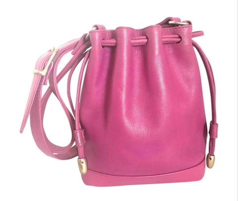 Vintage Celine hot pink leather mini hobo bucket shoulder pouch with drawstring. Must have rare Celine bag.