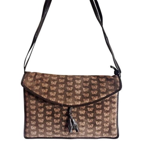 Vintage Bottega Veneta dark brown suede leather square shoulder bag with iconic butterfly allover prints