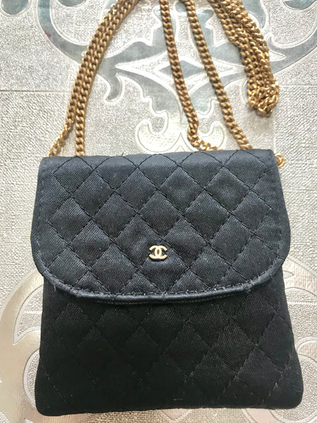 Vintage Chanel black quilted satin fabric mini pouch, coin purse, long  necklace with golden chain and CC motif. Great gift Chanel jewelry