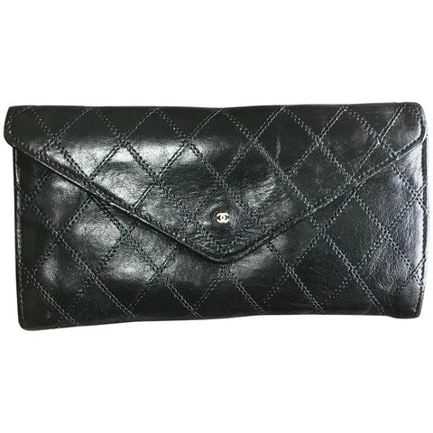 Vintage CHANEL Black Leather Wallet With Large CC Stitch Mark. 