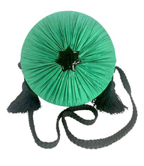 Vintage Nina Ricci black suede and green satin mix round shoulder bag with fringes and enamel star motif. Suzy Wong design. Collectible bag.