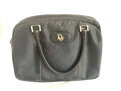 Vintage Christian Dior navy handbag with logo jacquard nylon and leather trimmings. Classic purse.
