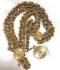 Vintage CHANEL triple layer golden chain and brown leather belt with CC and lion charms. Beautiful classic belt back in old era. R0410119