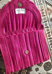 Vintage Nina Ricci hot pink tape fabric shoulder bag/clutch purse with Japanese obi motif and golden logo. So chic.