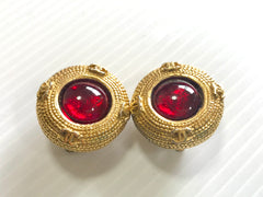 Vintage CHANEL golden frame and red round gripoix glass stone earrings with CC marks. Beautiful jewelry piece.