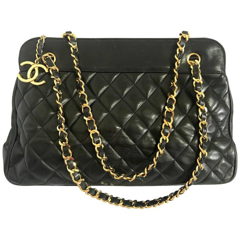 Vintage CHANEL black lambskin large tote bag with gold tone