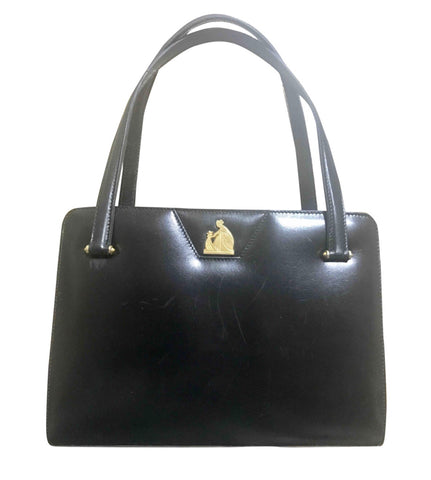 Vintage LANVIN black leather handbag with kiss lock closure and golden logo motif. Classic purse.
