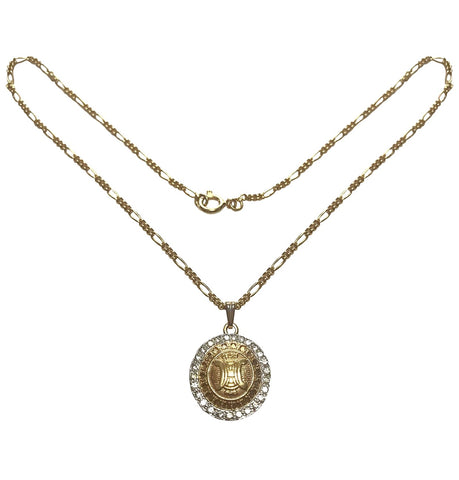 Vintage CELINE golden round logo with rhinestone pendant top skinny chain necklace. Perfect jewelry piece for any occasion.
