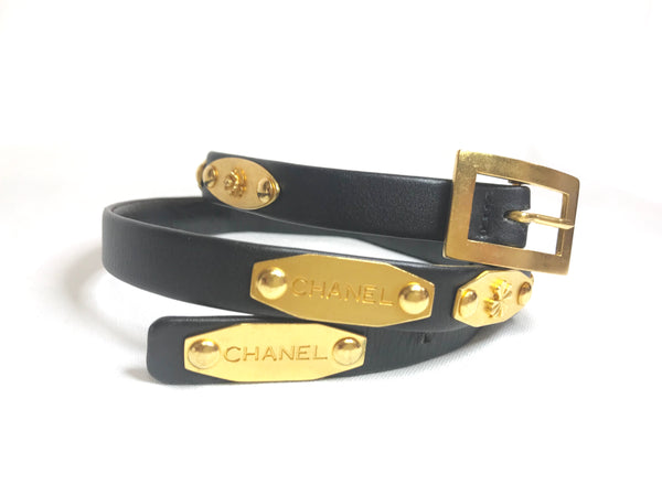 Vintage CHANEL black belt with golden buckle and iconic logo