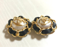 Vintage CHANEL earrings with golden CC, faux pearl, black leather and chain frame. Perfect Chanel jewelry