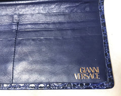 Vintage Gianni Versace croc-embossed leather blue wallet with golden round embossed logo motif. Unisex great gift.