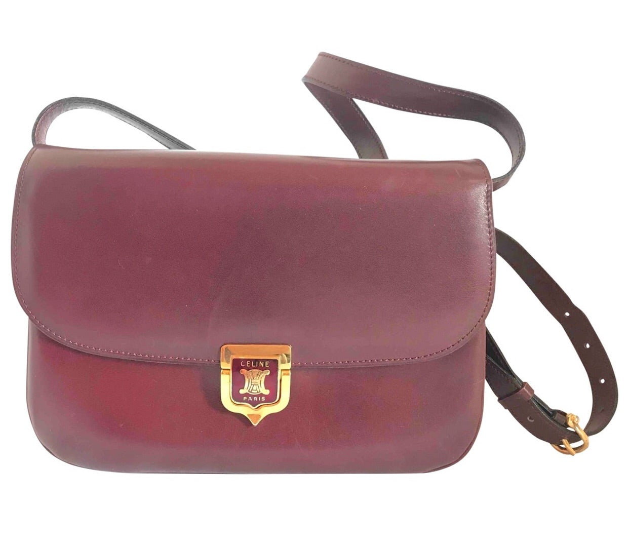 CELINE Classic Box Leather Shoulder Bag in Bordeaux
