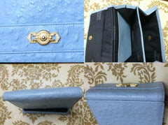 Vintage Gianni Versace ostrich-embossed light blue leather wallet with golden sunburst charm. Coin purse, card,bill case. Best gift